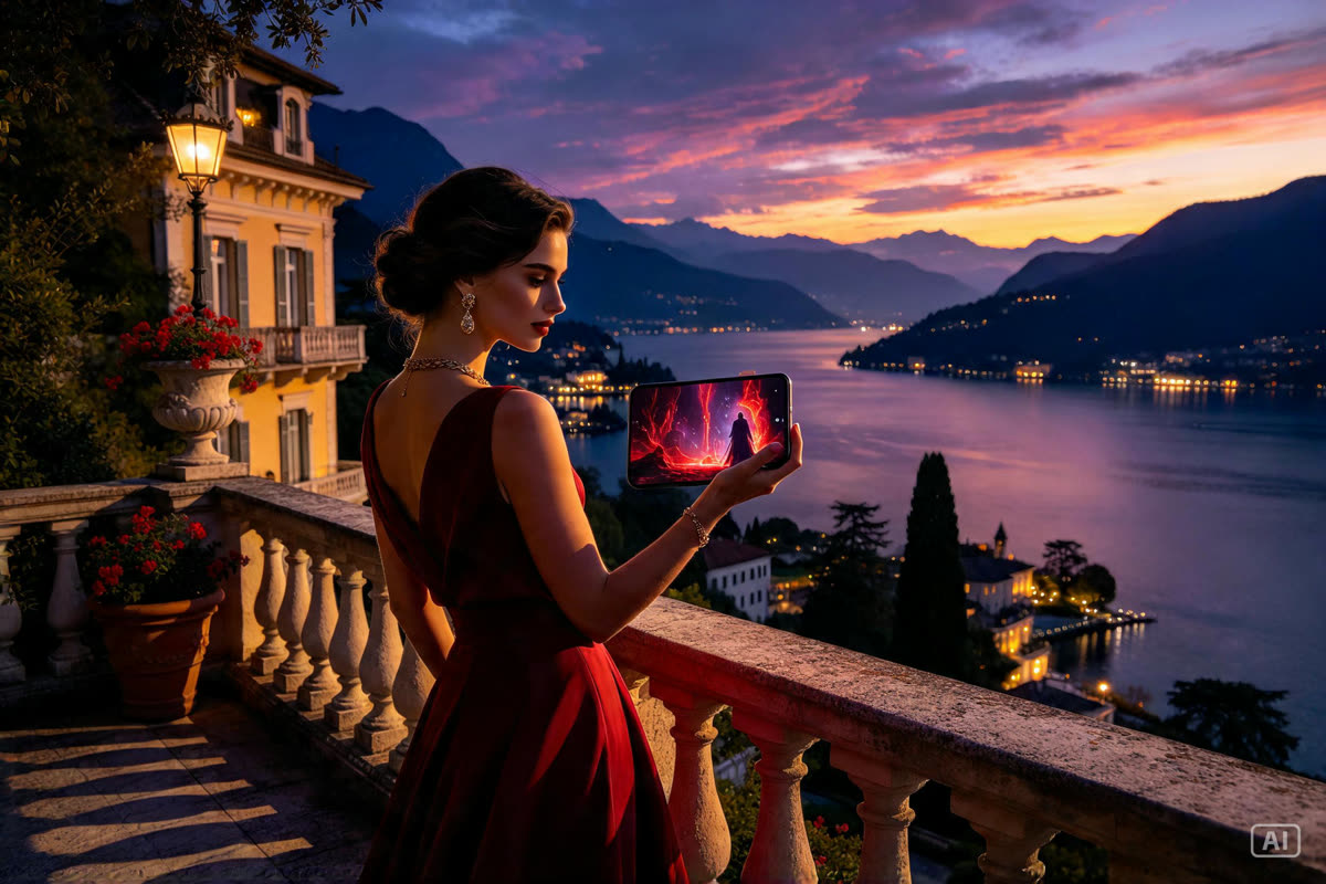 Una donna su una terrazza sul Lago di Como con un telefono in mano