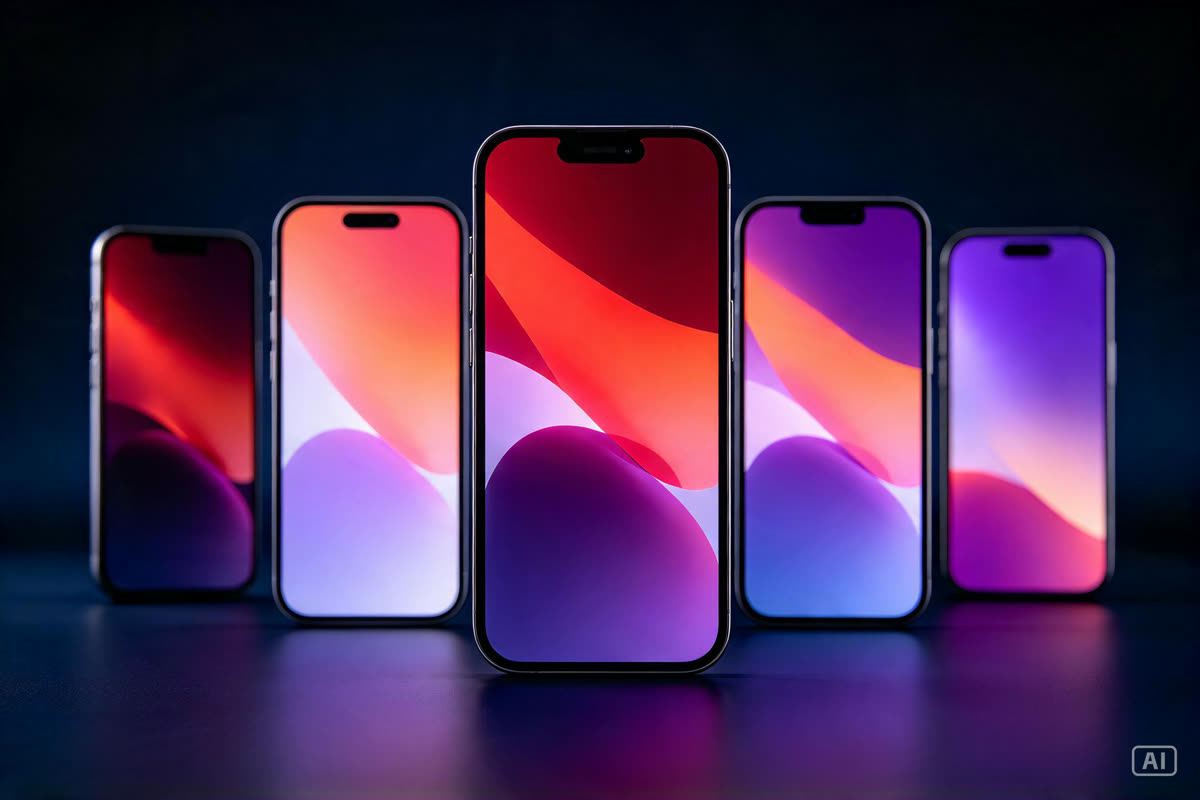 Five smartphones with different coloured screens side by side