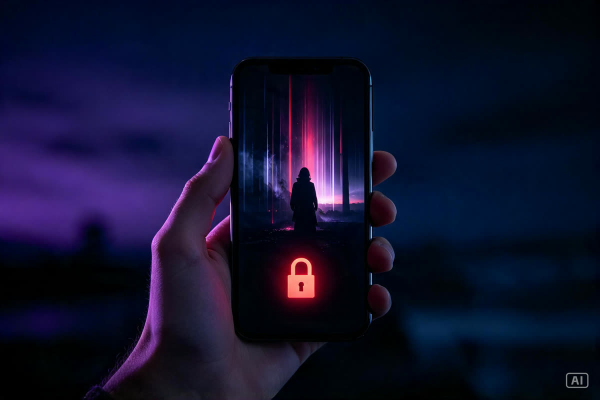 A hand holding a phone with a glowing padlock over the next episode