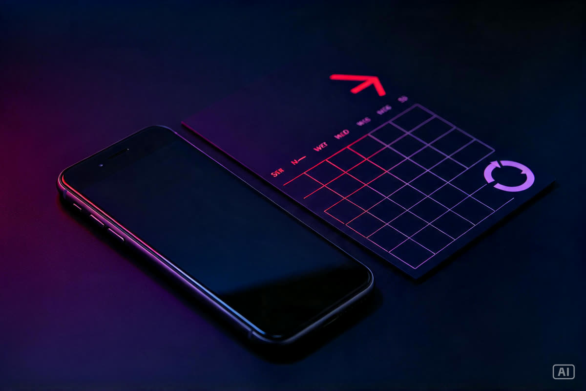 A phone beside a calendar grid with a circular renewal arrow