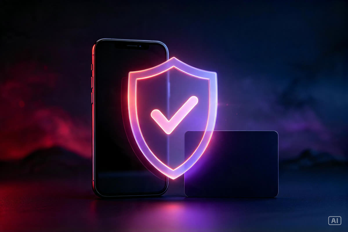 Un telefono e una carta protetti da uno scudo luminoso con un segno di spunta